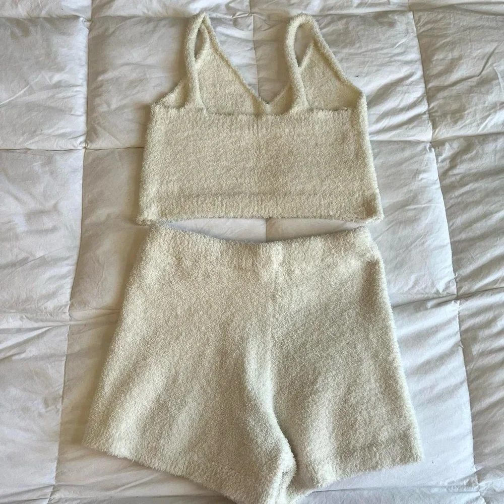 Cream fuzzy matching set cropped tank top and shorts size small